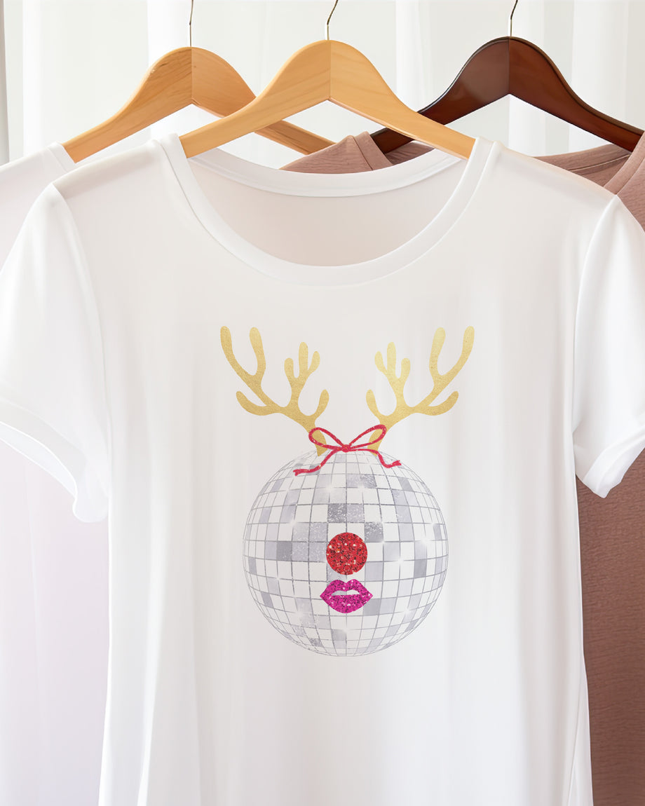 Disco Ball Reindeer, Pink HQ Meow Short Christmas, – Women\'s Festive Kitty Jersey, Sle